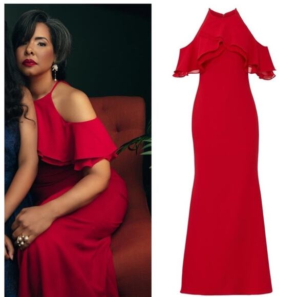 Badgley Mischka Crossover Ruffle Gown 8 Red Cold Shoulder Formal Maxi - Picture 2 of 9